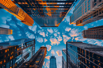 New York City skyscrapers in the city center Looking up at the blue sky with buildings from below.