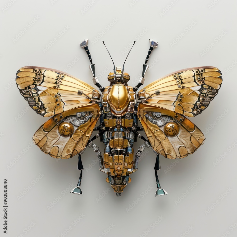 Poster futuristic robotic moth with metallic sheen on white surface - concept of innovation in design and t