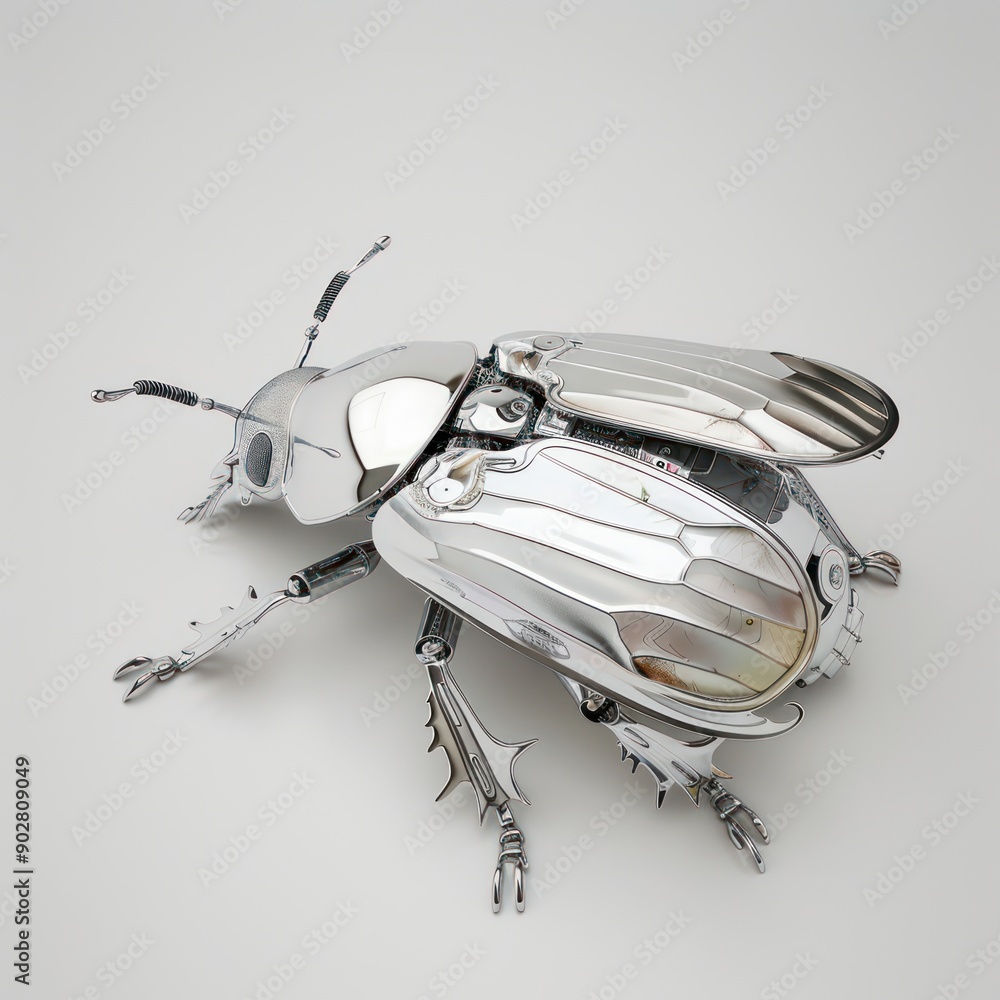 Poster shiny titanium beetle with segmented exoskeleton on white surface - conceptual futuristic insect des