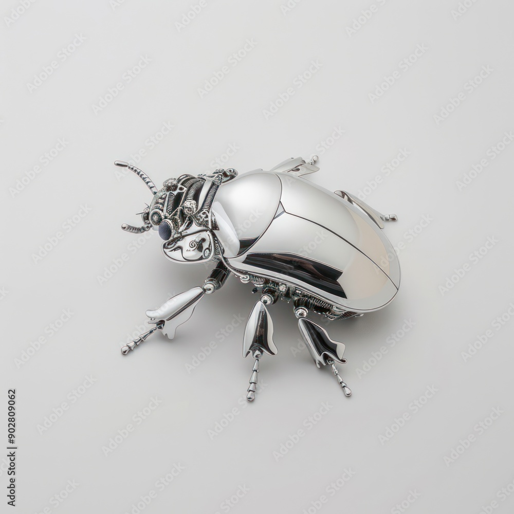 Poster shiny titanium beetle with segmented exoskeleton on white surface - conceptual futuristic insect des