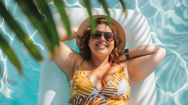 view from above on joyful plus-size woman relaxing on an inflatable mattress in a sunny swimming pool, embracing body positivity and summer fun, body-positive lifestyle