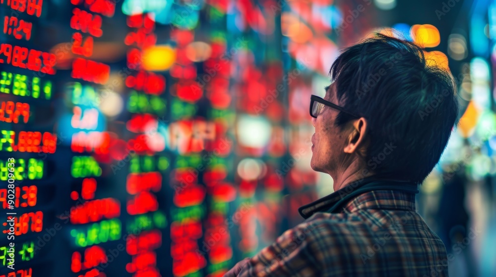 Poster a man is looking at a screen with many numbers on it