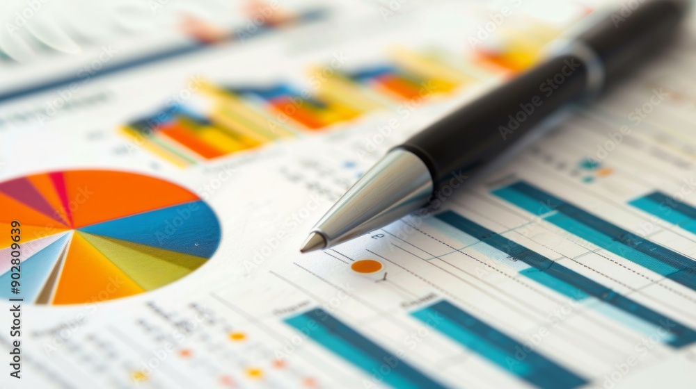 Poster a pen is on top of a graph with many different colored bars