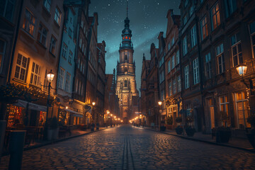 View of the streets of the old city at night.