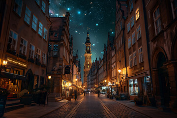 View of the streets of the old city at night.