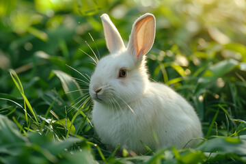 Fototapeta premium Cute white rabbit on green grass in nature.