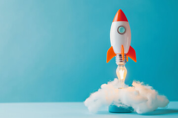 Children's rocket taking flight with a blue background.