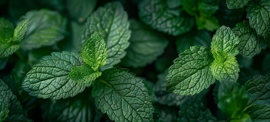 Close-up view of fresh lemon balm leaves with detailed textures. The green hues and natural lighting showcase the healthy and organic nature of this aromatic herb.