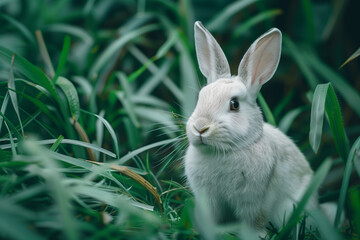 Fototapeta premium Cute white rabbit on green grass in nature.