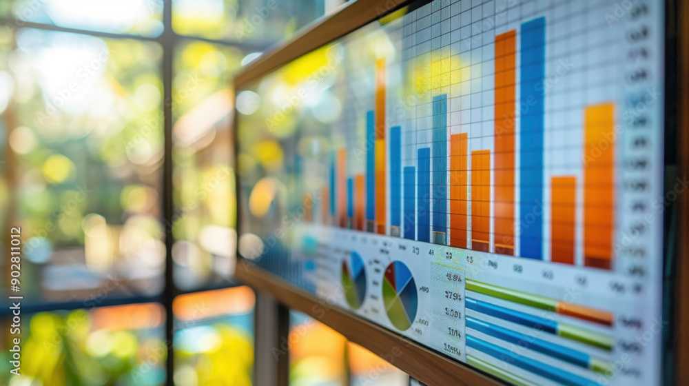 Aufkleber a close-up of a digital screen displaying colorful business graphs and charts, representing data ana
