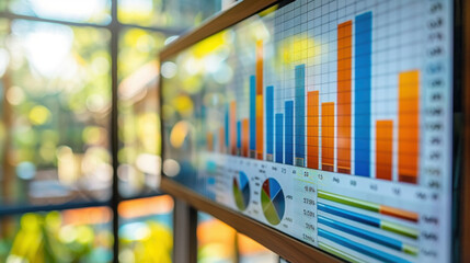 A close-up of a digital screen displaying colorful business graphs and charts, representing data analysis and financial trends.