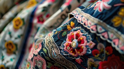 Intricate floral patterns decorate a beautifully crafted Slavic shirt, showcasing vibrant colors and fine stitching techniques