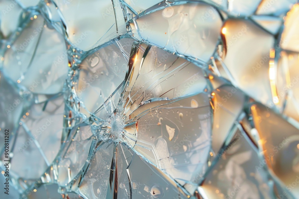Poster a close-up shot of a broken glass window with cracks and shards