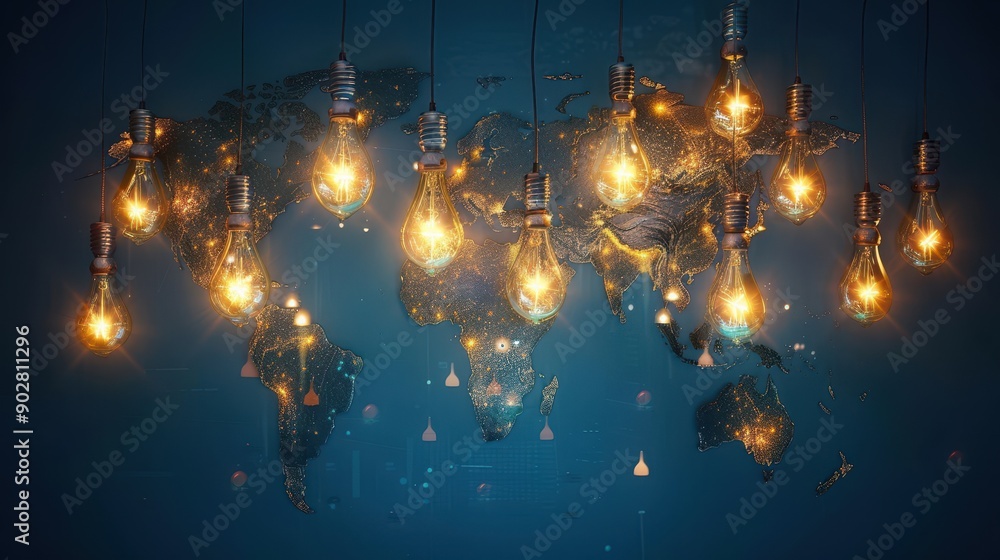 Poster a blue and white image of the world with many lights on it. the lights are scattered all over the wo