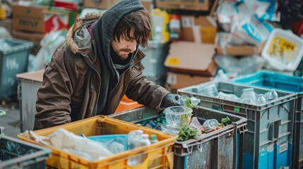 Fototapeta premium Homeless Person Searching Through Garbage Bins in Urban Area for Recyclable Materials. Generative ai