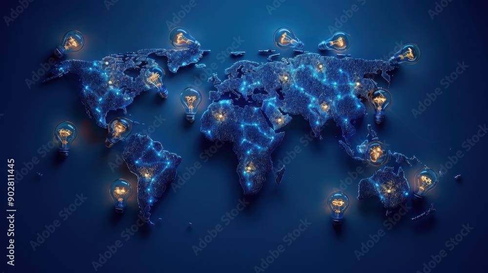 Poster a blue and white image of the world with many lights on it. the lights are scattered all over the wo