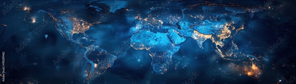 Poster a blue and white image of the world with many lights on it. the lights are scattered all over the wo