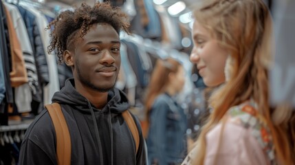 Obraz premium Casual Shopping Experience in Clothing Store - Young Multiracial Friends Browsing Fashionable Apparel. Generative ai