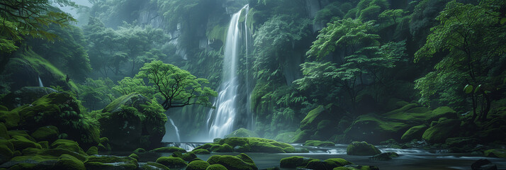 natural landscape There is a waterfall flowing down from the mountain in the green forest.