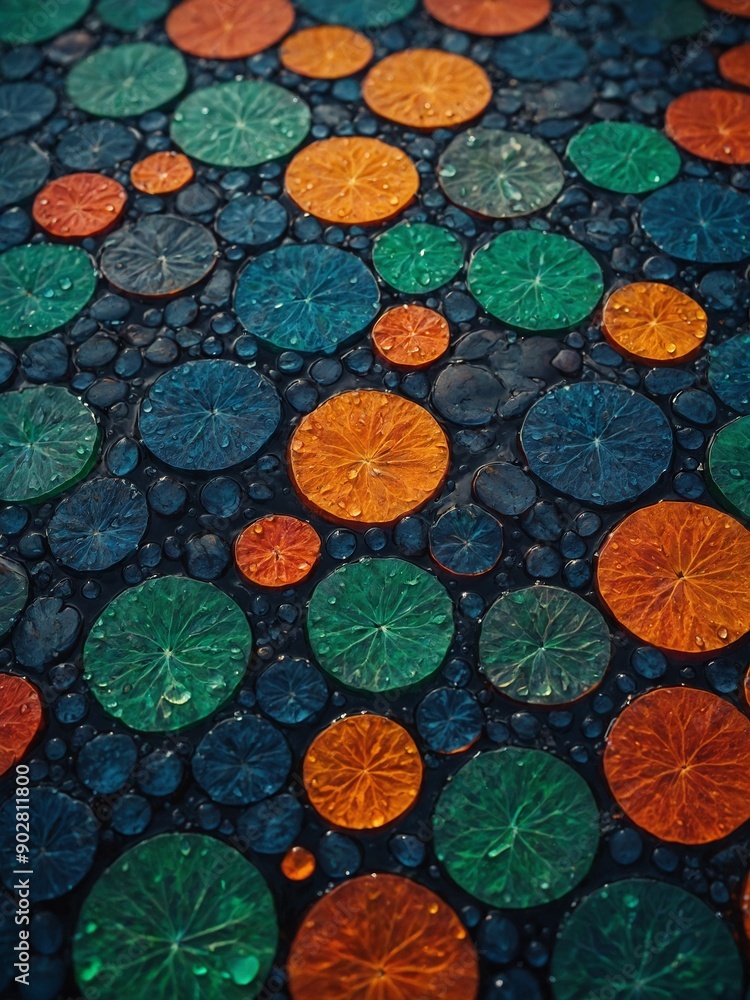Aufkleber tranquil scene unfolds as vibrant orange, green lily pads float on dark water surface. circular shap