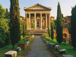 Ancient Roman Temple Surrounded By Lush Greenery In An Evening Light Setting