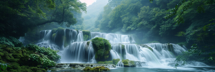 Fototapeta premium natural landscape There is a waterfall flowing down from the mountain in the green forest.