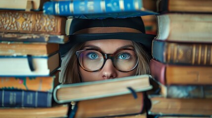 Closeup portrait of young woman with glasses looking through books. Book Lovers Day.