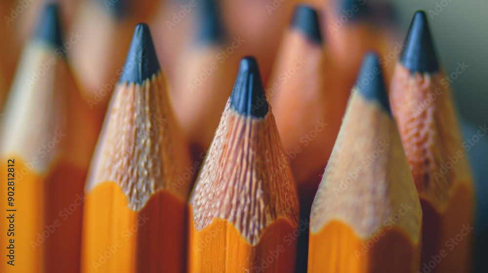 Poster macro shot of sharpened orange pencils with fine details, showing texture and tips in sharp focus.