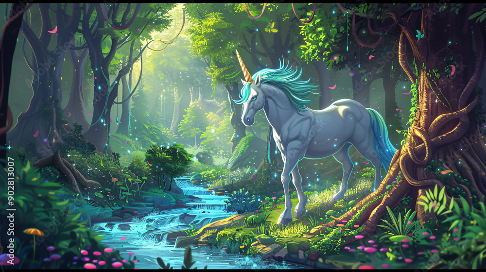 Poster Majestic unicorn with flowing mane and tail in enchanting forest by a stream