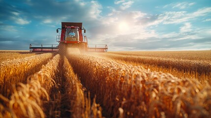 Fototapeta premium Modern agricultural machinery working on a vast field, harvesting crops