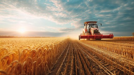 Fototapeta premium Modern agricultural machinery working on a vast field, harvesting crops