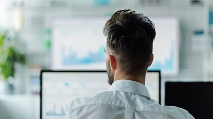 Fototapeta premium Data Analysis in Modern Office - Businessman Reviewing Graphs on Transparent Screen