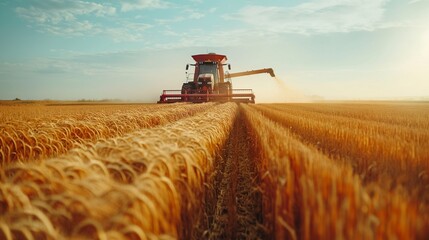 Obraz premium Modern agricultural machinery working on a vast field, harvesting crops