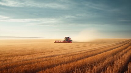 Fototapeta premium Modern agricultural machinery working on a vast field, harvesting crops
