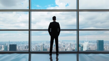 Fototapeta premium Businessman Contemplating Success with Cityscape View through Office Window