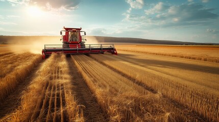 Obraz premium Modern agricultural machinery working on a vast field, harvesting crops