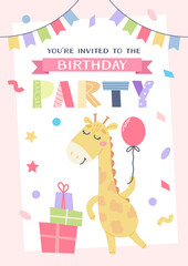 Childrens birthday invitation. Cute giraffe with gifts and balloon. Vector illustration template