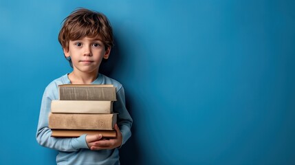 Sad Boy Holding Stack of Books