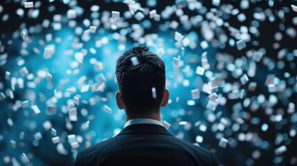 Businessman Analyzing Floating Data Visualizations in Technology Concept