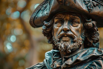 Obraz premium Statue of a Historical Figure With Elaborate Hat Surrounded by Lush Greenery in Late Afternoon Light