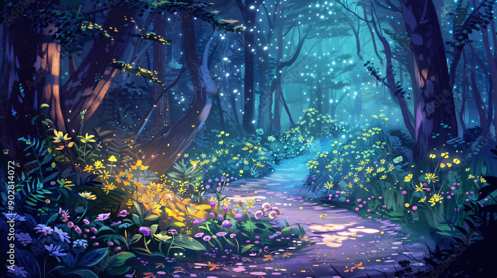 Poster dirt path illuminated by bioluminescent flowers and strange lights is leading through a mysterious f