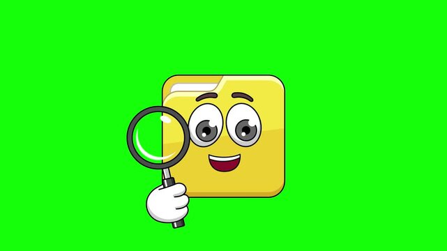 folder cartoon holding a magnifying glass, scanning gesture animation