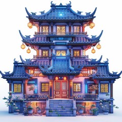 Fototapeta premium Traditional Asian Architecture With Lanterns Illuminated at Dusk in a Serene Setting
