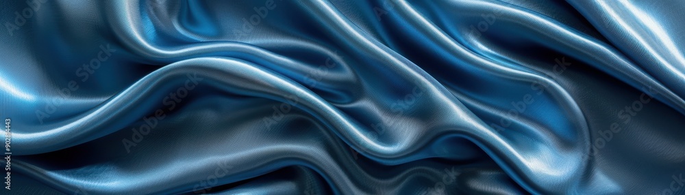 Poster a blue fabric with a wave pattern. the fabric is smooth and shiny. the blue color gives a sense of c