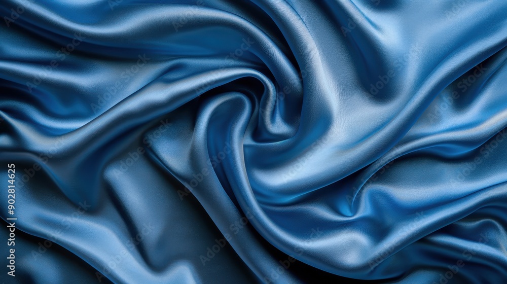 Poster a blue fabric with a wave pattern. the fabric is smooth and shiny. the blue color gives a sense of c