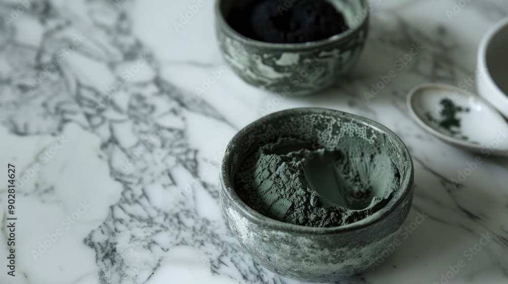 Sticker spirulina clay mask and scrub on marble