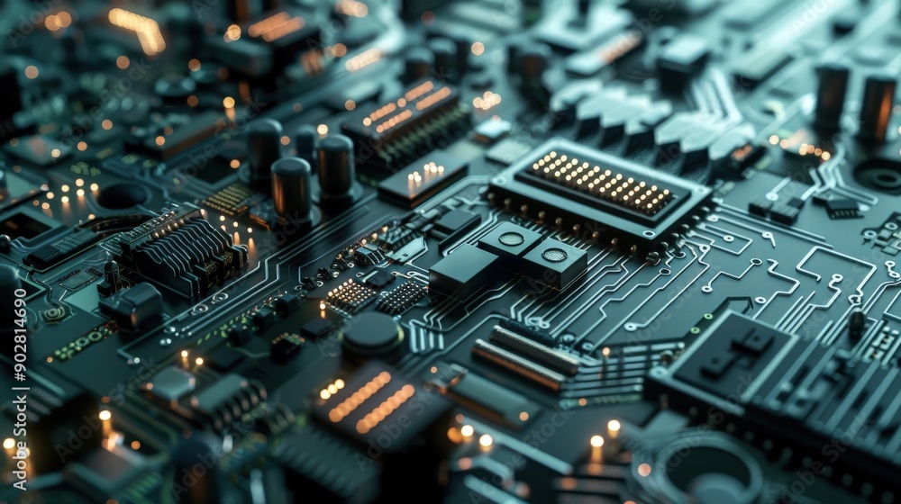 Poster a close-up view showcases a complex circuit board with intricate designs, highlighting various elect