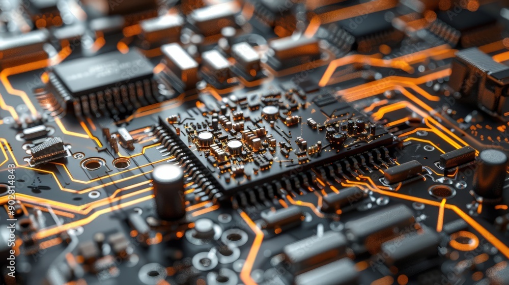 Poster a close-up view reveals a complex circuit board filled with detailed electronic components and intri