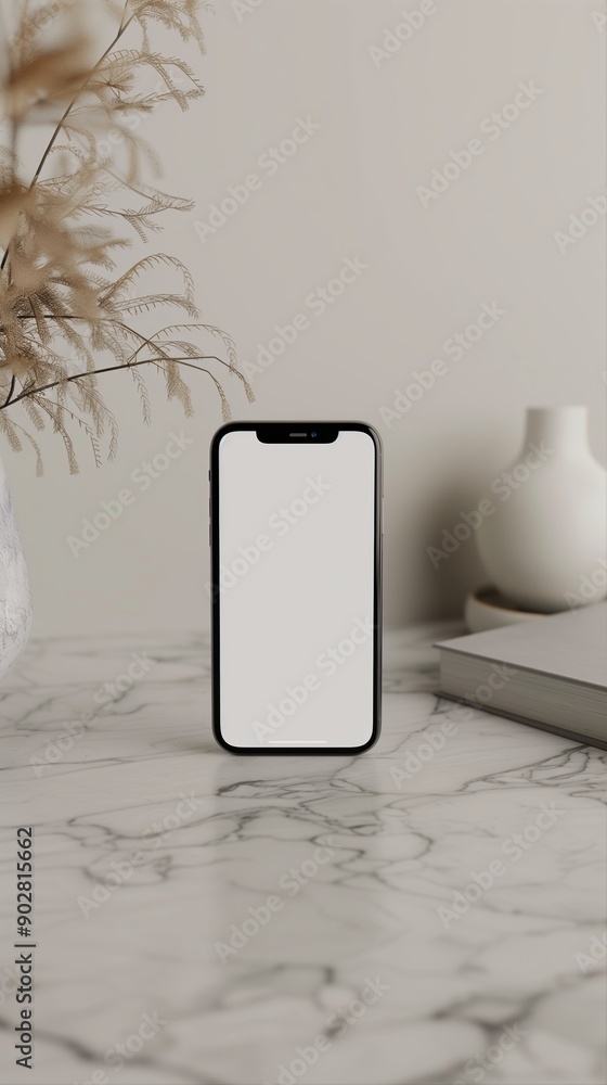 Poster modern smartphone with blank screen on a marble table beside decor elements in a minimalist setting.