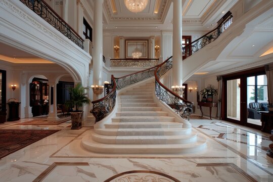 A stylish entrance hall featuring dual staircases, luxurious decor, intricate ironwork, marble floors, elegant lighting fixtures, and a spacious layout.